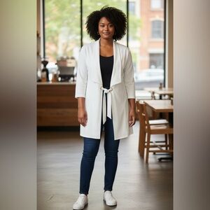 Chic White Belted Longline Blazer Cardigan Plus Size 20/22